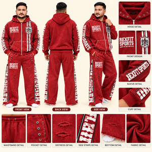 Rexfit sports 2026 Custom Custom Men’s <b>Red</b> Distressed Tracksuit Graphic Zip Up <b>Hoodie</b> and Wide Leg Pants Oversized Hip Hop - Product Image 1