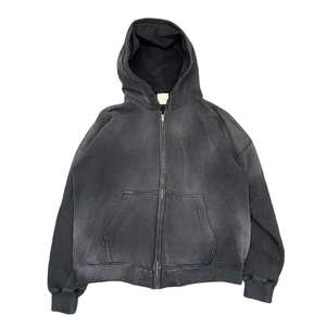 Sudadera con capucha unisex con cremallera, efecto desgastado, de algodón lavado y bordes deshilachados para looks modernos en capas - Product Image 1