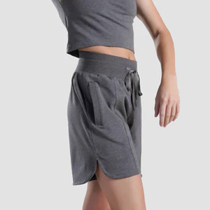 Custom Charcoal Grey Pintuck Sweat Shorts - Women's High <b>Waisted</b> Fleece Shorts with Side Slit Heavyweight Cotton Athletic Shorts - Product Image 2