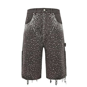 Shorts cargo en jean déchiré pour homme, ornés de strass sur toute la surface, avec poches à sequins, ourlet déchiré, style punk, pour l'été - Product Image 3