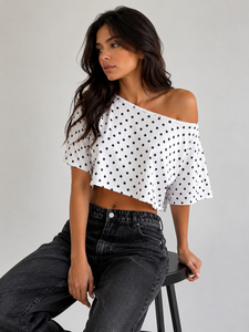 Haut court oversize à épaules dénudées en gros, imprimé pois personnalisé, été 2026, streetwear décontracté, chemise femme en polyester, OEM - Product Image 5