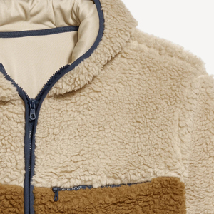 Veste polaire à capuche pour homme, style color block, fermeture éclair, décontractée, pour l'hiver, coupe classique, beige et marron, sweats à capuche en sherpa - Product Image 5
