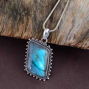 SHYAM JEWELRS Vintage 925 Sterling Silver Labradorite Pendant Necklace Bezel Setting Rectangle Natural Stone Snake <b>Chain</b> Blue - Product Image 1