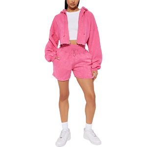 Pink Winter Printed Rhinestone Acid Wash Sunfade Breathable Women's Hoodie Shorts Set 100% Cotton <b>Distressed</b> Ripped Croptop - Product Image 1