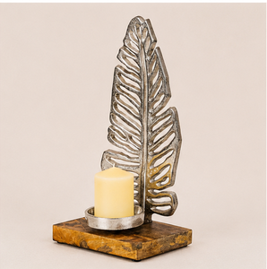 Handcrafted Silver Metal <b>Leaf</b> Pillar Candle Holder With Natural Mango Wood Base For Tabletop Living Room Decor & Wedding - Product Image 5