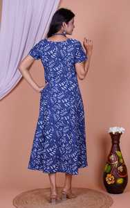 Blue Floral Print 100% Cotton Natural Waist Midi Woven A-Line Casual <b>Swing</b> <b>Dress</b> Short <b>Sleeve</b> U Neck for Summer Beach Vacation - Product Image 2