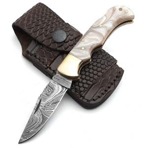 High Quality Damascus Steel Industrial Grade Straight Edge <b>Lock</b> Back Folding Knife Wood Handle Brass Accents Crocodile Pouch - Product Image 1