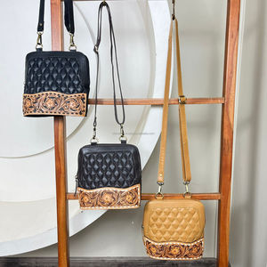 Hand Tooled Leather Zipper Shoulder Bag Women Diamond Lattice Brown Quilted Trendy Crossbody Bag Cowhide Leather Luxury Handbag - Product Image 4