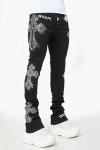 Men's Black Elastic Waist <b>Pants</b> With Crystal Embroidery <b>Sequin</b> Detailing Casual Street Style Midweight Spandex Denim Blend - Product Image 3