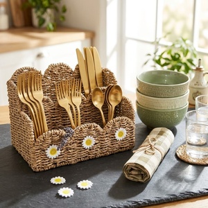 Scalloped Natural Seagrass <b>Storage</b> <b>Baskets</b> With Daisy Embellishments <b>Rectangular</b> Multi-Purpose Organizer Rustic Style - Product Image 5