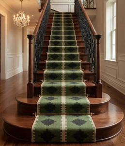 Green Geometric Handmade Wool Jute Stair <b>Runner</b> Traditional Farmhouse <b>Hallway</b> Staircase <b>Rug</b> Custom Entryway Floor Carpet - Product Image 1