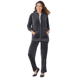 Wholesale Women's Winter 100% Cotton <b>Velour</b> Tracksuit Set 2 Piece Hooded Zip Hoodie Sweatpants Fleece Lined Printed Solid Casual - Product Image 3