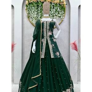 Lehenga A-Line Fait Main à Imprimé Floral de Créateur avec Dupatta, Taille Empire, en Tissu Organza, Tenue de Soirée - Product Image 1