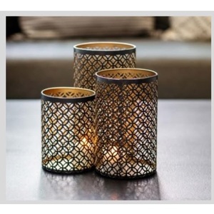 Cylinder Brass Candle Holders Set With Geometric Cutouts <b>Heat</b> Resistant Home Decoration - Product Image 1