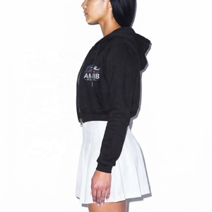 <b>Women's</b> Black Cropped <b>Hoodie</b> Zip-Up Sweatshirt With <b>White</b> Drawstrings Regular Sleeve Knitted Cotton Autumn Wear - Product Image 4