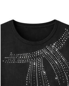 Camiseta de algodón negra personalizada para mujer con diseño de borlas de diamantes de imitación, manga corta, cuello redondo, top informal de moda para damas, venta al por mayor. - Product Image 5