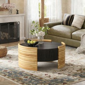 Tavolino da Caffè Moderno 80 cm con Finitura in Legno Naturale, Design a Strisce Colorate e Piano Ribaltabile con Vano Portaoggetti per Soggiorno e Appartamento - Product Image 1
