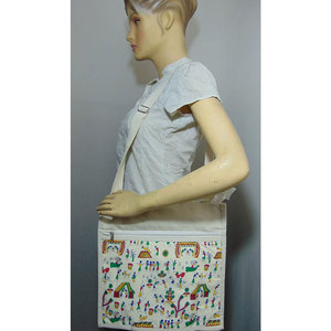 Sustainable Cotton Canvas Conference <b>Bag</b> with Zipper Closure Shoulder Handle Geometric Pattern White Color Custom Logo Printing - Product Image 3