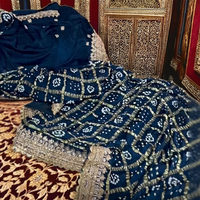 Sari en soie bleu marine Bandhani avec broderie Zari dorée, élégant, longueur genou, pour femme, idéal pour mariage/fête/Diwali, coupe classique