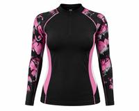 Haut de bain anti-UV à manches longues pour femme, imprimé floral noir et rose, en spandex et polyester respirant, écologique et à séchage rapide