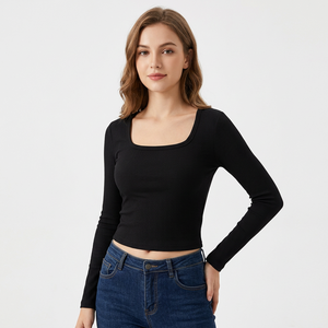 T-shirt court côtelé noir à manches longues et col rond en viscose/coton pour femme, tricoté, décontracté, écologique, personnalisable, du Bangladesh - Product Image 1