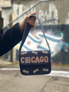 Chicago Football Pattern Glass Crossbody <b>Bag</b> with <b>Navy</b> Blue Orange Text Brown Accents - Product Image 2