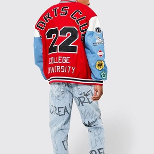 Chaqueta con parches de estilo Letterman hecha a medida completamente bordada para hombre, cuello levantado de talla grande para primavera - Product Image 5