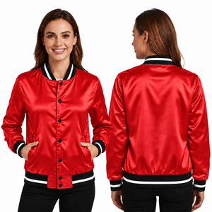Chaqueta Varsity Negra de Satén Personalizada para Mujer, Manga Larga, Cuello Alto, Ribete en Contraste, Transpirable, Resistente al Viento, Ropa de Invierno, 100% Poliéster - Product Image 1
