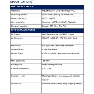 Lector RFID UHF Fijo de 4 Puertos para IoT, Identificación por Protocolo 6C, Banda de 860-960 MHz, Plástico, Distancia de Lectura de 8 cm, Impinj - Product Image 4