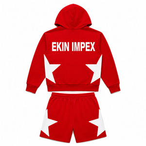 Custom Logo Men's Red Hooded Tracksuit Set White <b>Star</b> Panel Design Zip-Up Hoodie <b>Jacket</b> Shorts Combo Premium Cotton Fleece OEM - Product Image 2