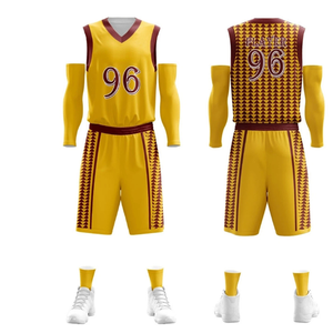 Custom Sublimated Basketball Jersey Set Yellow Maroon Sleeveless V-Neck Geometric Pattern Breathable Adult Men's Uniform - Product Image 1