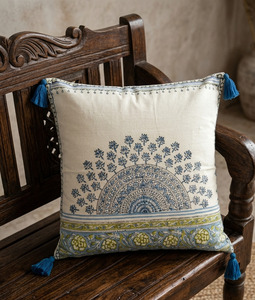 Artisan Hand-<b>Blocked</b> Traditional Decorative Pillow Case Featuring Semicircular Motifs and <b>Corner</b> Tassels, Bulk Supplier18X18 - Product Image 1