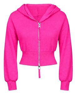 Sudadera con capucha corta rosa intenso para mujer, ajustada, de manga larga, de algodón y forro polar, estilo casual urbano, con logo personalizado, de fábrica ODM - Product Image 1