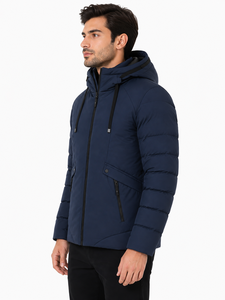 Veste matelassée à capuche bleu marine pour homme avec fermeture éclair intégrale, manteau d'hiver rembourré et isolé, décontracté - Product Image 2