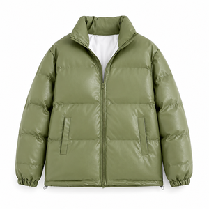 Unisex PU Puffer Jacket Solid Color Stand Collar Zipper Closure Windproof <b>Winter</b> Casual Loose Fit Regular Length <b>Thick</b> <b>Coat</b> - Product Image 2