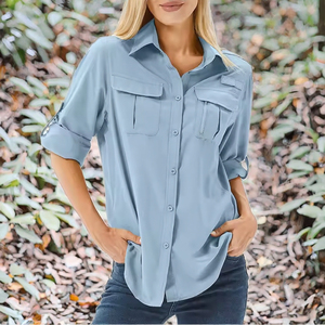 Camisa Azul Claro con Botones para Mujer, con Bolsillos en el Pecho, Manga Larga, Estilo Casual, Color Sólido - Product Image 3
