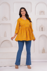 Women Cotton Printed Kurti Top Yellow Ethnic <b>Tunic</b> Casual Wear Kurti - Product Image 5