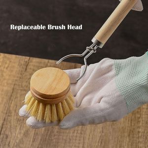 Cepillo para Platos de Bambú con 1 Mango de Madera Resistente y 3 Cabezales de Cerdas Naturales de Crin de Caballo y Sisal, Cepillos de Limpieza Multiusos para Cocina - Product Image 2