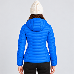 Chaqueta acolchada azul para mujer, con capucha, cierre de cremallera, abrigo de invierno, ropa de abrigo de manga larga con bolsillos frontales - Product Image 3