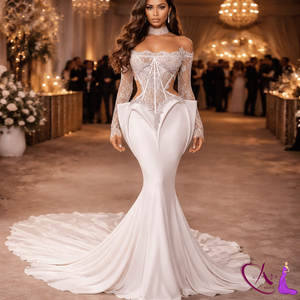 Robe de mariée sirène en dentelle blanche |   Robe de mariée élégante à épaules dénudées, manches longues, design corset ajusté, longueur ras du sol - Product Image 4