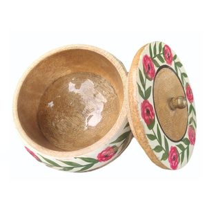 Polished Solid Wood Chapati Box-Souvenir for Kitchen Use Round Design with <b>Lid</b> white flower design - Product Image 4