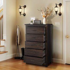 Solid Wood Veneer 73*40*120cm Vertical 5 Drawer Chest of Dressers Brown MDF with Solid Wood Veneer - Product Image 2