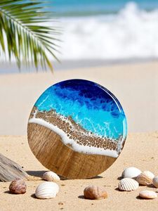 Ensemble de sous-verres en bois naturel et résine faits à la main, design vague de plage, sous-verres et dessous de plat modernes faits à la main - Product Image 1