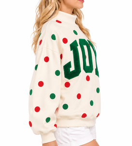 Sweat-shirt oversize à col montant pour femme, crème à pois, avec appliqué lettres « Green Joy », pull de Noël - Product Image 5