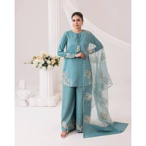 ZSR Designer Top-Bottom and Dupatta <b>Set</b> with <b>Embroidery</b> Sequence Work Blue 700g Size XL - Product Image 2
