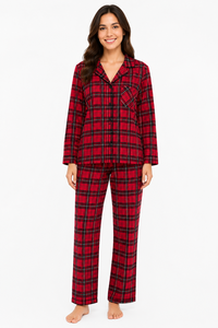 Conjunto de Pijama a Cuadros Rojos para Mujer, Ropa de Dormir de Algodón Premium, Manga Larga, con Botones, Traje de Pijama Cómodo y Suave - Product Image 1