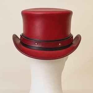 High Quality Custom Handmade Unisex Red Leather Steampunk Top <b>Hat</b> With Ring Band Festival Cosplay <b>Hat</b> - Product Image 2