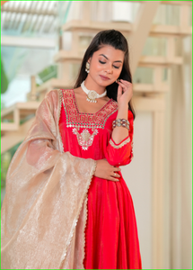 Red Sindoori Mirror Work Anarkali Set With <b>Tissue</b> Dupatta - Product Image 2