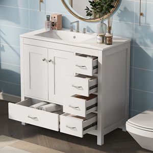 Mobile Bagno Bianco da 36 Pollici con Ampio Spazio di Archiviazione, Armadietto a 2 Ante con Chiusura Ammortizzata e 5 Cassetti, con Lavabo in Ceramica Integrato - Product Image 2