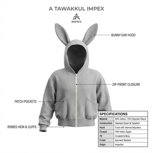 Sweat à capuche gris zippé pour femme avec oreilles de lapin, couleur unie, mélange de coton tricoté, longueur standard, idéal pour l'hiver et l'automne - Product Image 5